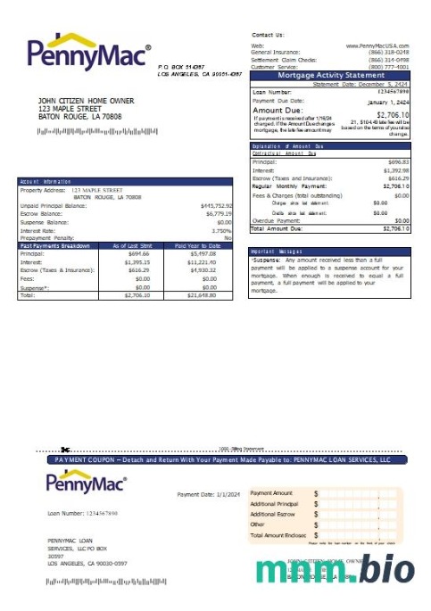 USA California Pennymac Loan Services wyciąg z kredytu hipotecznego szablon Word i PDF
